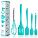Conjunto de 5 utensílios de cozinha de silicone: escorredor, colher, espátula e pincel pequeno.