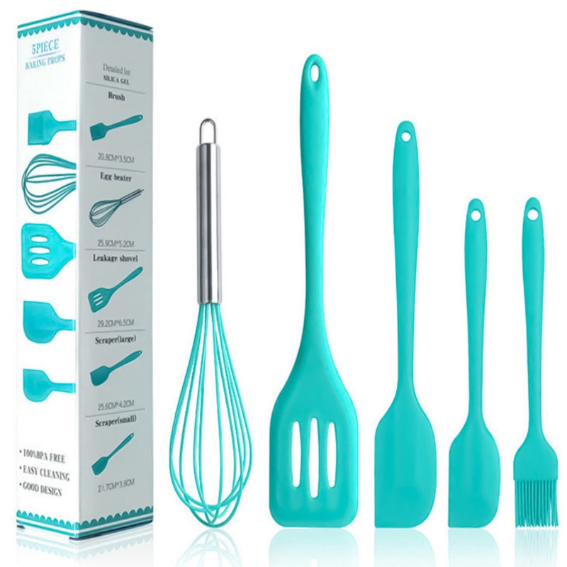 Conjunto de 5 utensílios de cozinha de silicone: escorredor, colher, espátula e pincel pequeno.