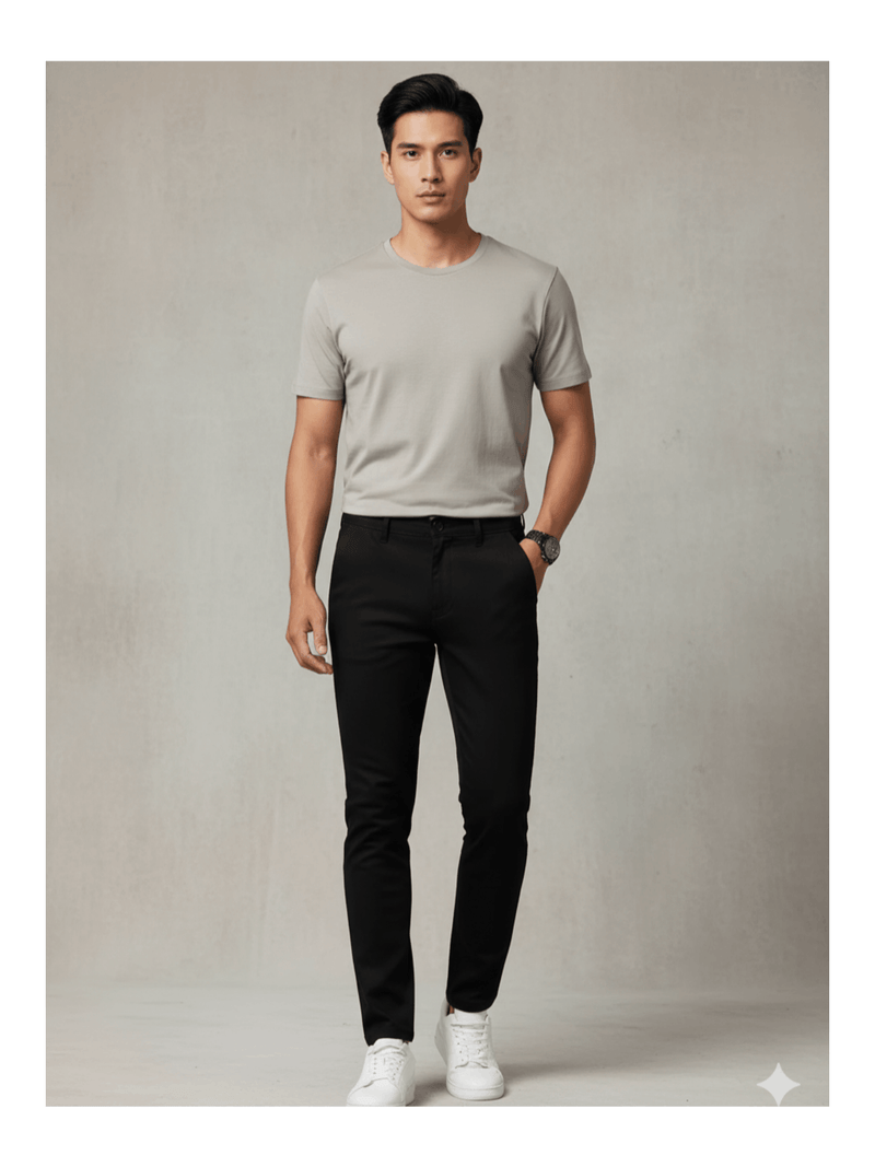 Calça jeans preta masculina, corte slim, casual e básica.