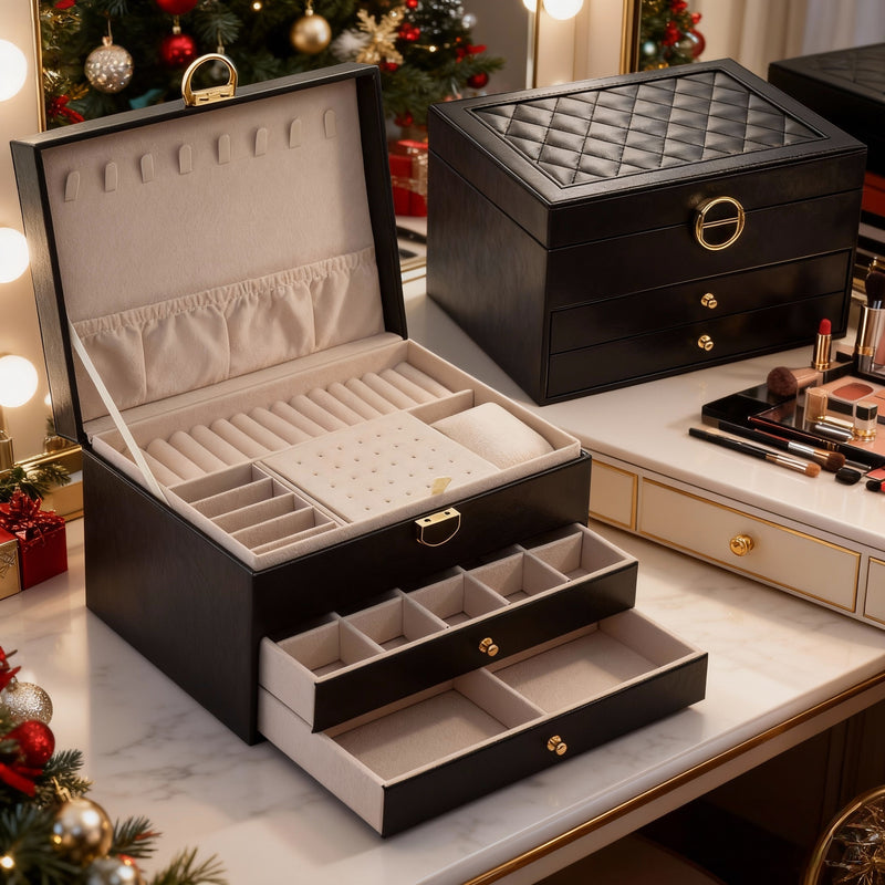 Caixa de joias de três níveis à prova de poeira com trava.