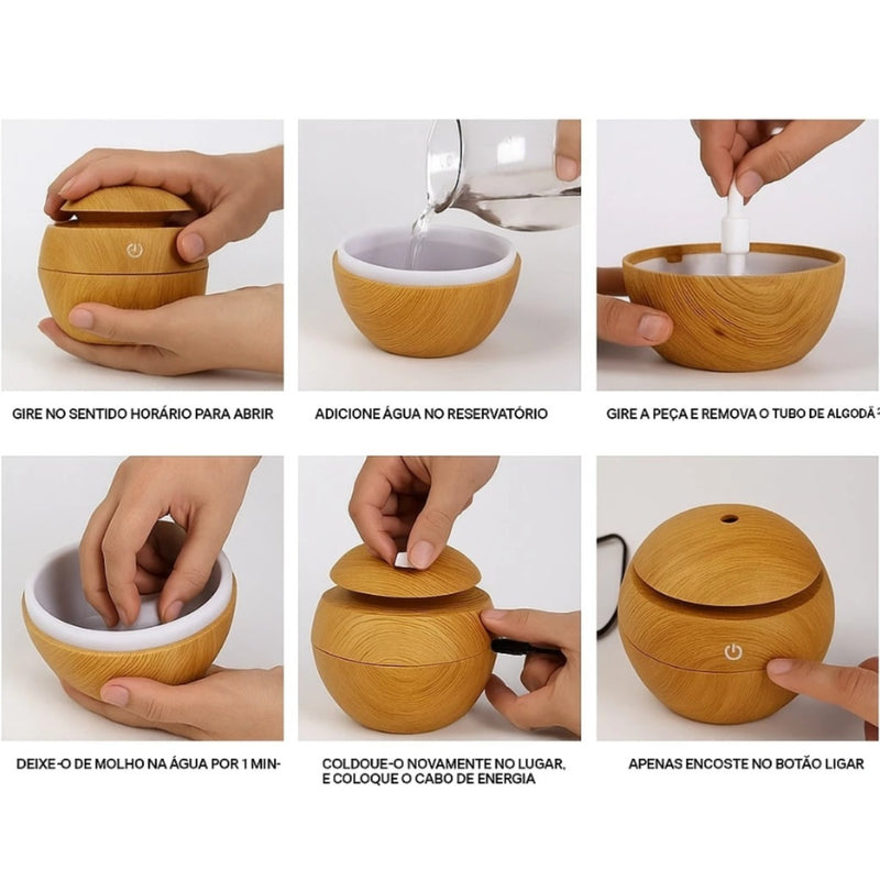 Mini Difusor Ultrassônico Umidificador Aromatizador de Ambientes com LED.