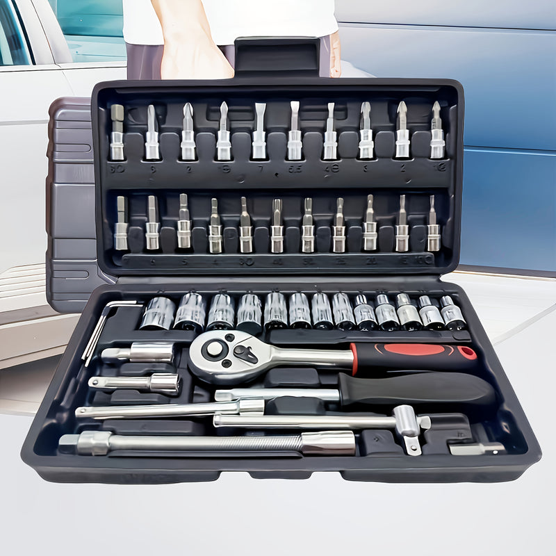 Kit de ferramentas multifuncional portátil para reparo de carros com 46 peças.