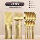 Conjunto de talheres de aço inoxidável com 24 peças: garfo, colher, faca e colher de sopa.