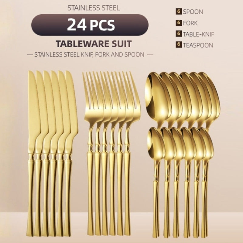 Conjunto de talheres de aço inoxidável com 24 peças: garfo, colher, faca e colher de sopa.