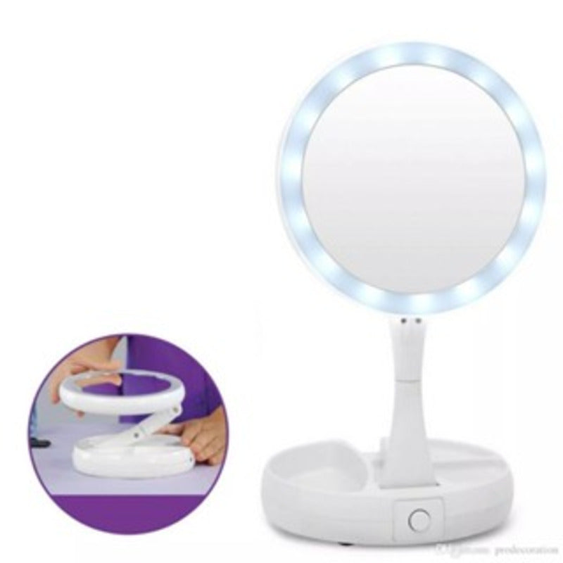 Espelho de maquiagem redondo com LED para mesa.