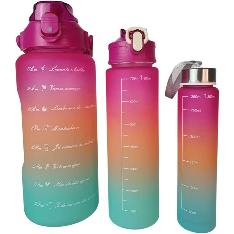 Conjunto de Garrafas Motivacionais para Academia e Fitness - 3 Peças (2000ml, 900ml, 300ml) - Design 2D e 3D.