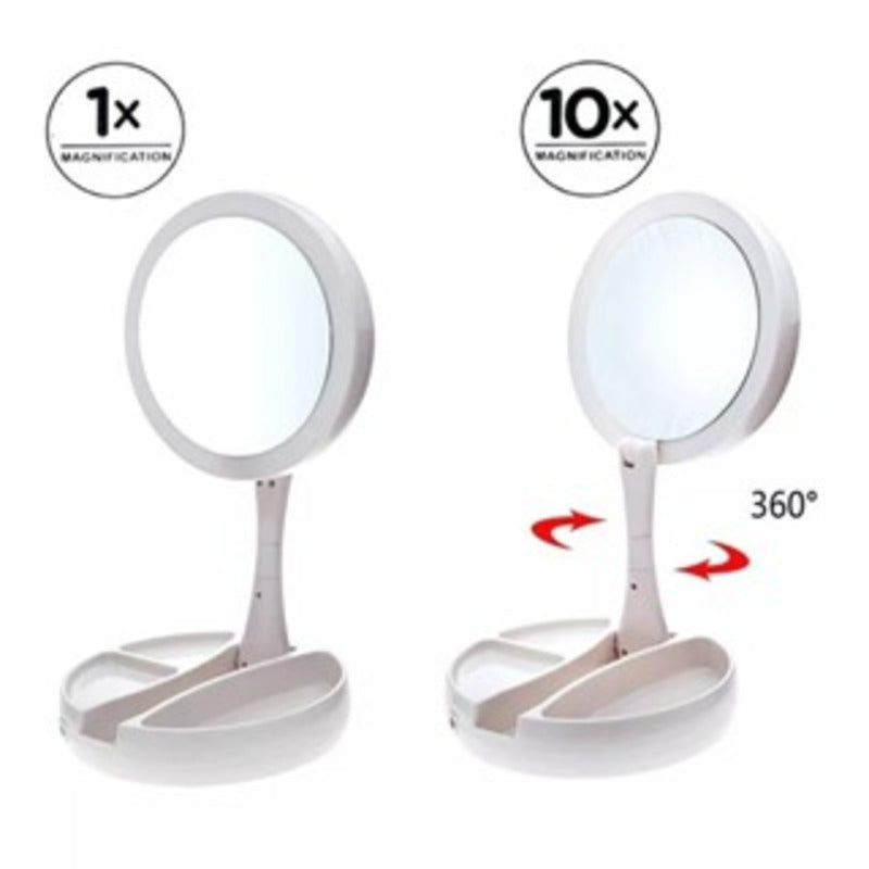 Espelho de maquiagem redondo com LED para mesa.