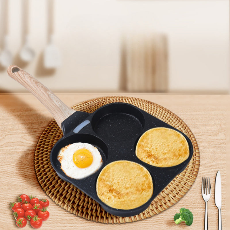 Frigideira multifuncional antiaderente 4 em 1 para ovos, hambúrgueres e omeletes com cabo de madeira.
