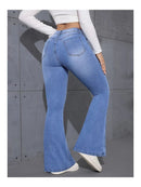 Calça jeans feminina premium de cintura alta e modelagem flare com elastano, confortável e estilosa.