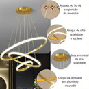 Lustre LED moderno e luxuoso com três anéis, acabamento dourado, semi-embutido, luz brilhante e aconchegante, com interruptor, 110V e 220V