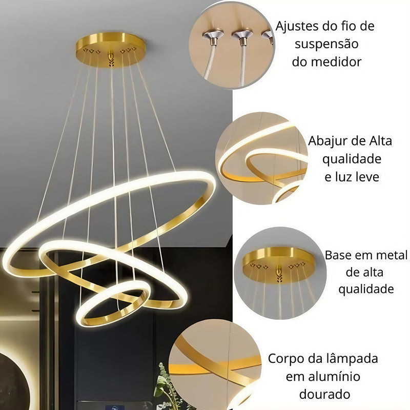 Lustre LED moderno e luxuoso com três anéis, acabamento dourado, semi-embutido, luz brilhante e aconchegante, com interruptor, 110V e 220V