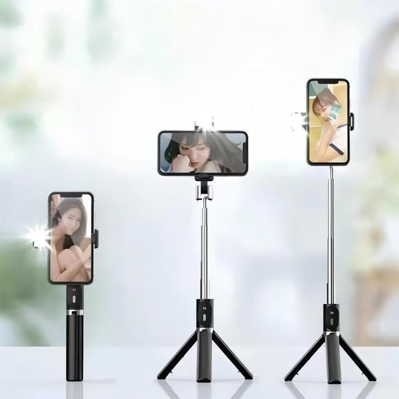 Bastão de selfie com tripé retrátil, luz LED e controle por celular via Bluetooth.