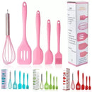 Conjunto de 5 utensílios de cozinha de silicone: escorredor, colher, espátula e pincel pequeno.