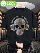 Camiseta Caveira de Algodão Camiseta masculina de algodão respirável - Design vintage com caveira e fones de ouvido, manga curta e gola redonda.