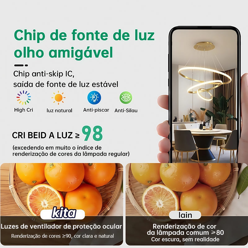 Lustre LED moderno e luxuoso com três anéis, acabamento dourado, semi-embutido, luz brilhante e aconchegante, com interruptor, 110V e 220V