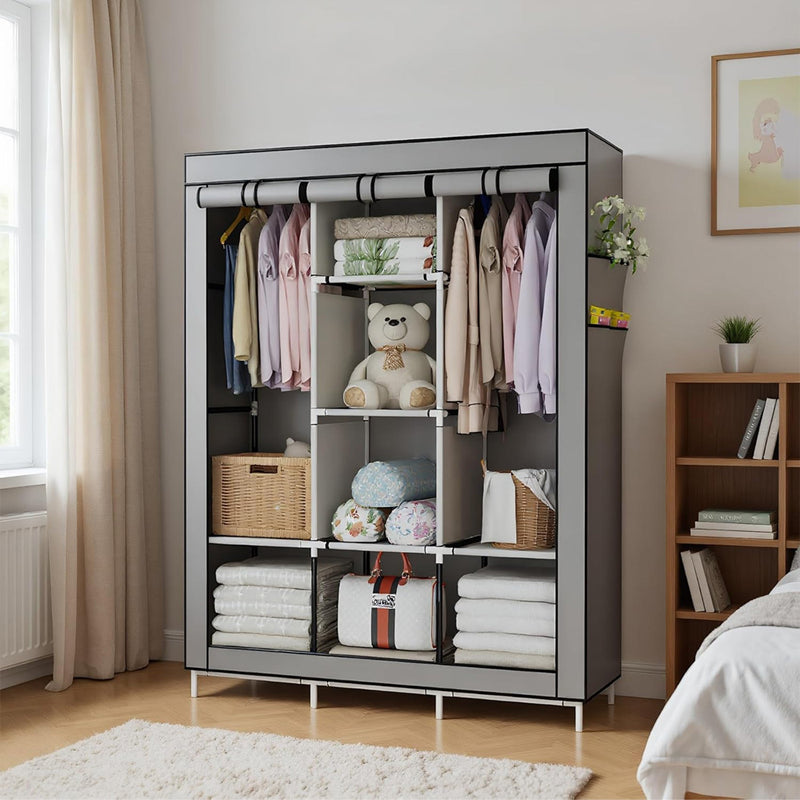 Guarda-roupa dobrável de peça única, possui alta capacidade de carga, fácil instalação.