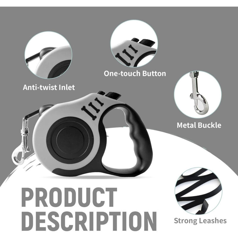 Guia retrátil para coleira, 3 metros, para animais de estimação, cães e gatos, com trava, até 11,33 kg.