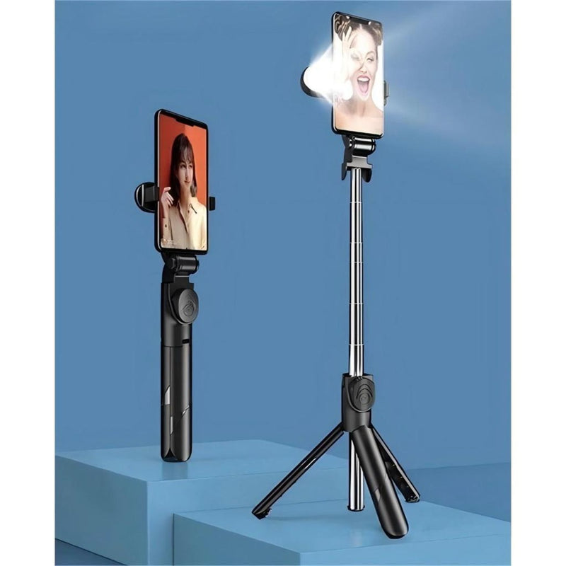 Bastão de selfie com tripé retrátil, luz LED e controle por celular via Bluetooth.