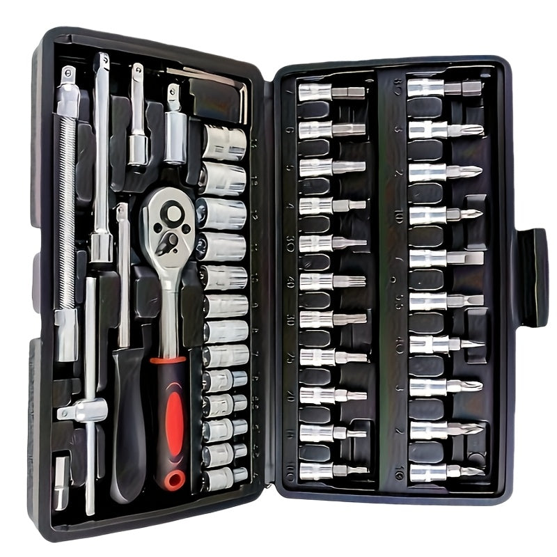 Kit de ferramentas multifuncional portátil para reparo de carros com 46 peças.