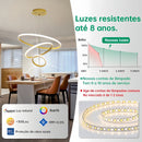 Lustre LED moderno e luxuoso com três anéis, acabamento dourado, semi-embutido, luz brilhante e aconchegante, com interruptor, 110V e 220V