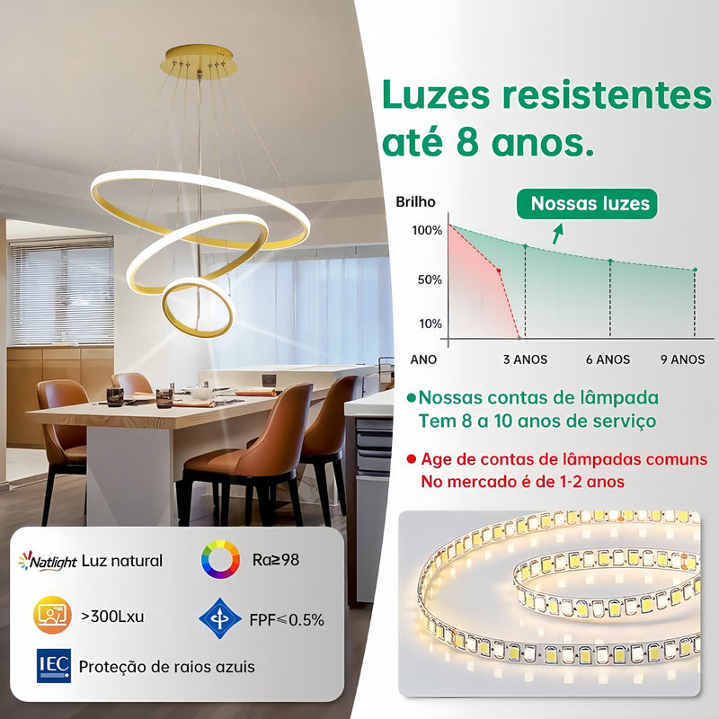 Lustre LED moderno e luxuoso com três anéis, acabamento dourado, semi-embutido, luz brilhante e aconchegante, com interruptor, 110V e 220V