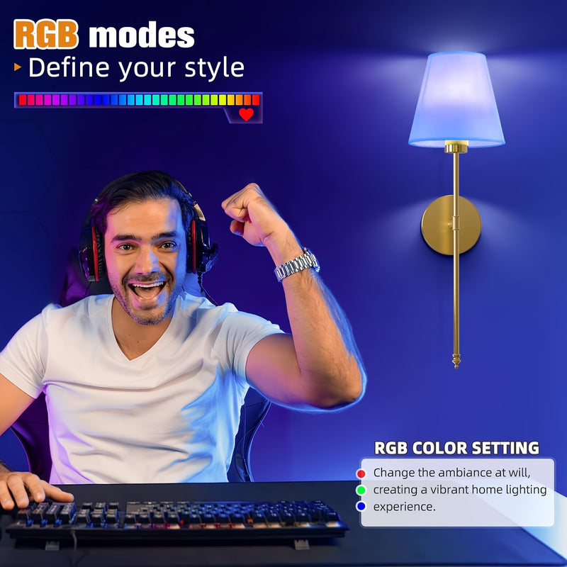 Conjunto de 2 luminárias de parede a bateria, douradas e recarregáveis, com lâmpadas magnéticas removíveis e controle remoto.