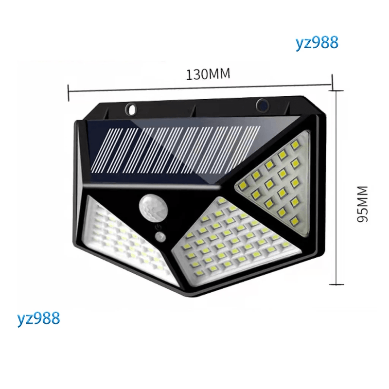Lâmpada solar com 100 LEDs e sensor de movimento para uso externo.