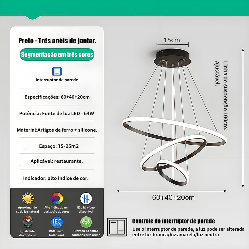 Lustre LED moderno e luxuoso com três anéis, acabamento dourado, semi-embutido, luz brilhante e aconchegante, com interruptor, 110V e 220V