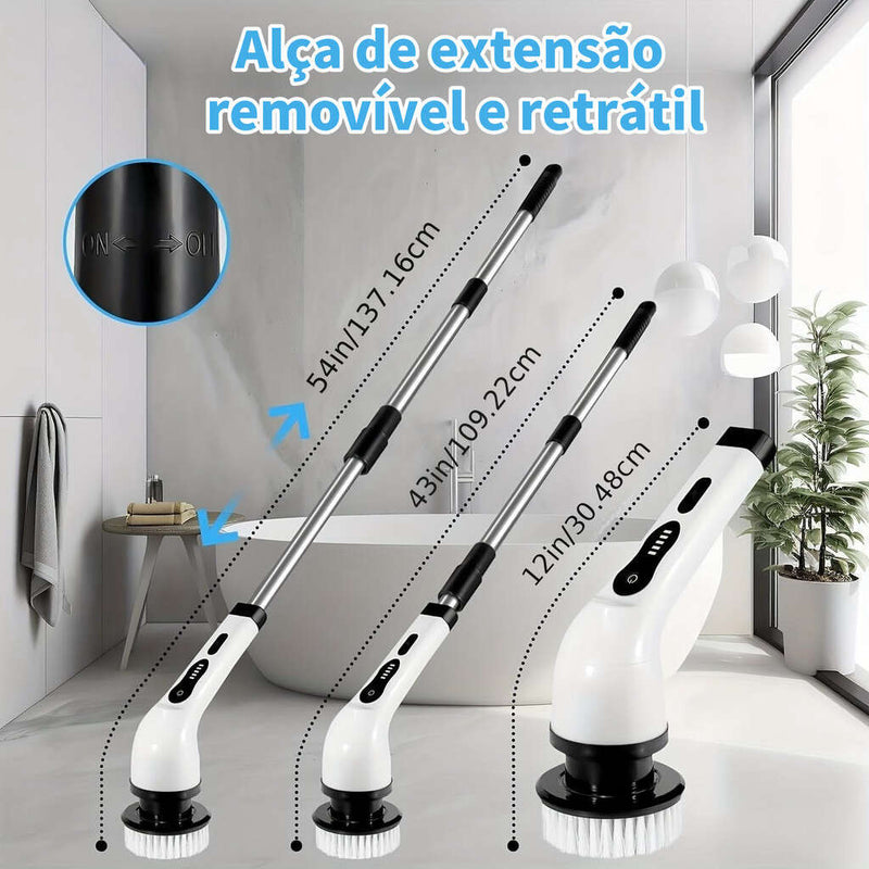 Escova de limpeza rotativa elétrica recarregável 9 em 1 com cabo extensível.