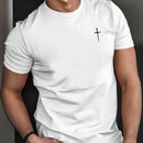 Camiseta masculina básica casual de gola redonda com estampa minimalista de cruz.