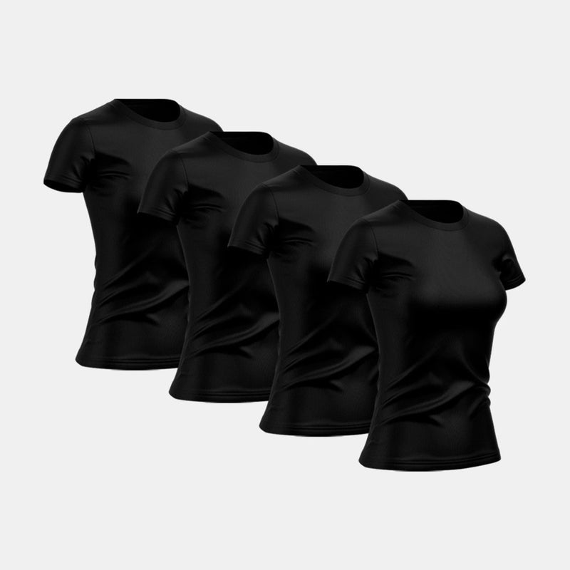 Kit com 4 camisetas femininas básicas lisas com proteção térmica contra o sol.
