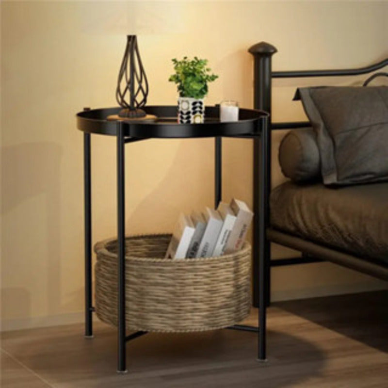 Mesa lateral redonda com bandeja removível, 47x47x50cm, pés de metal, suporte de canto para sala de estar.