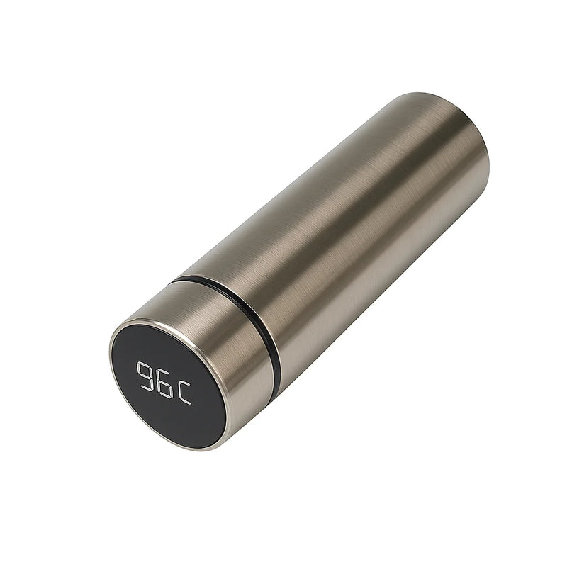 Garrafa térmica Inox com sensor de temperatura digital inteligente e LED para bebidas quentes e frias.