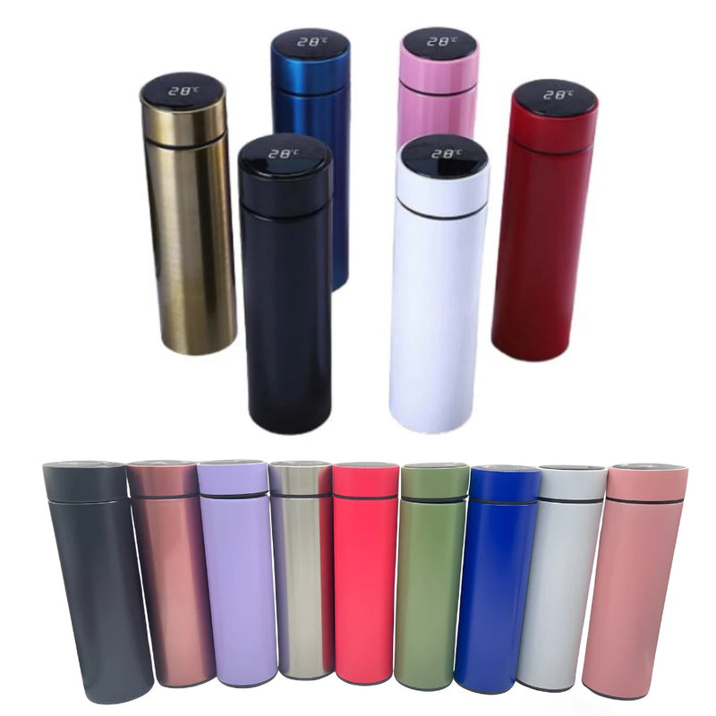 Garrafa térmica Inox com sensor de temperatura digital inteligente e LED para bebidas quentes e frias.