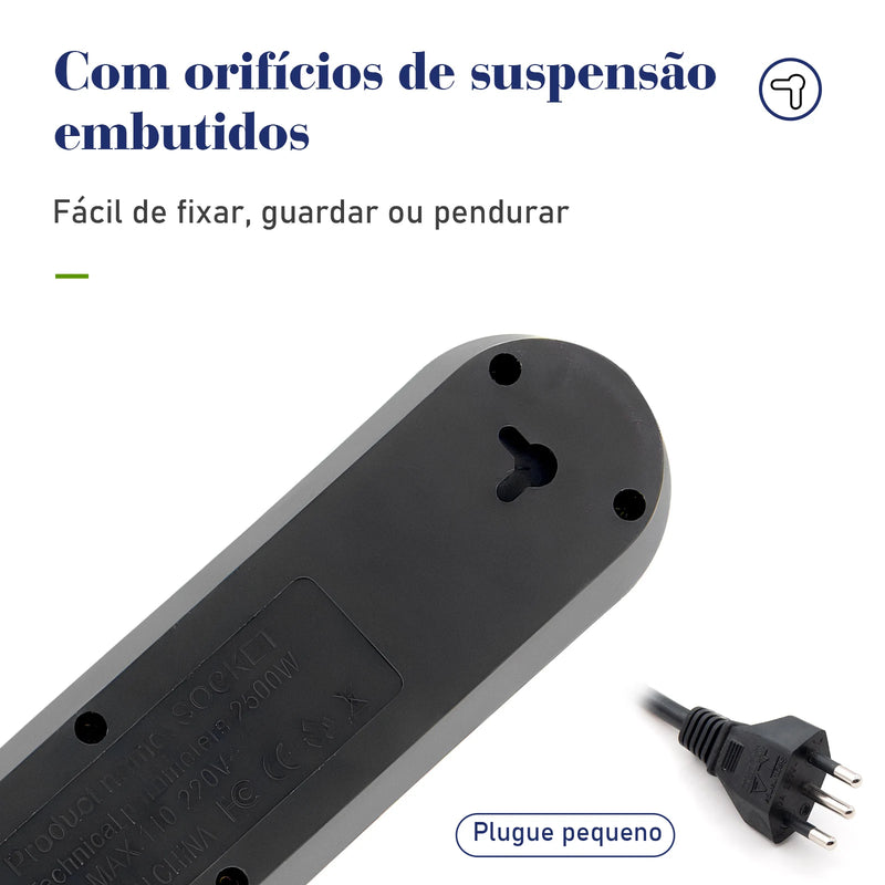 Extensão elétrica com tomada USB 110-220V 10A 2M 2500W.