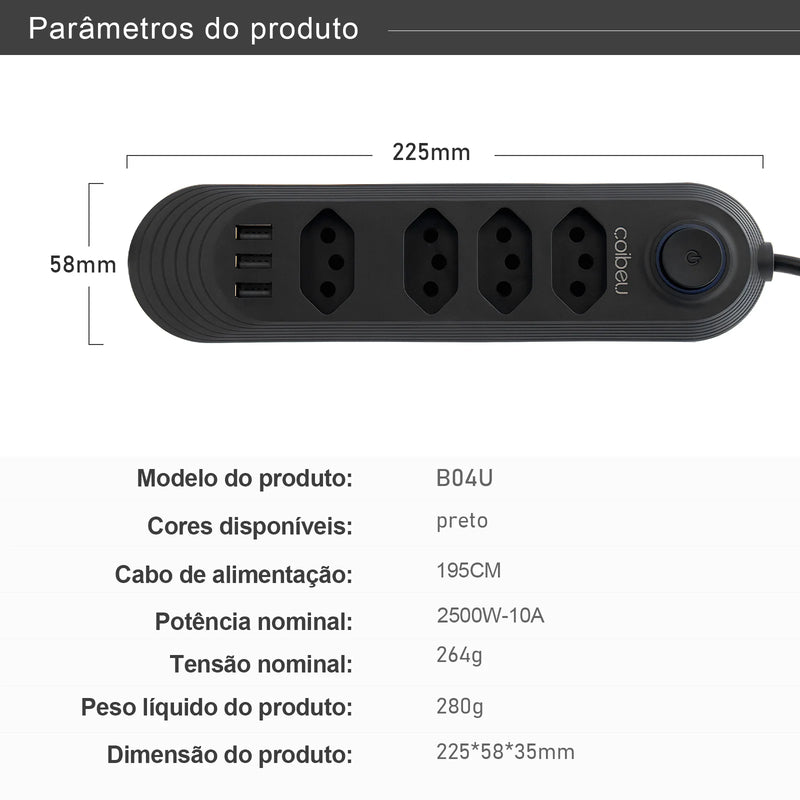 Extensão elétrica com tomada USB 110-220V 10A 2M 2500W.