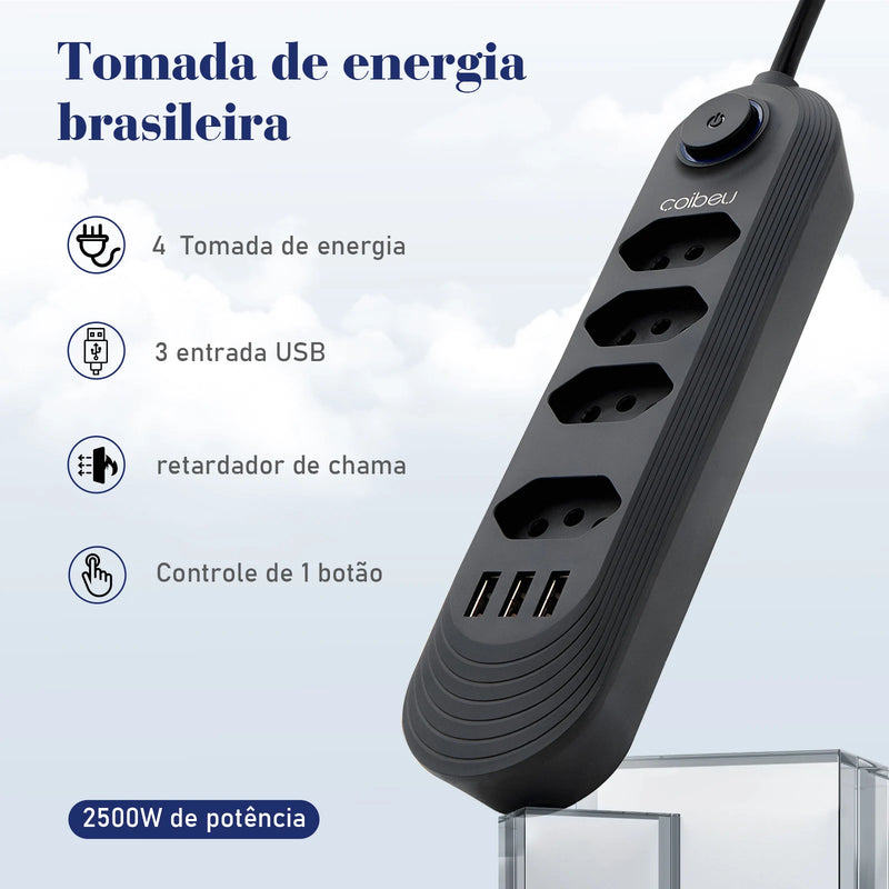 Extensão elétrica com tomada USB 110-220V 10A 2M 2500W.