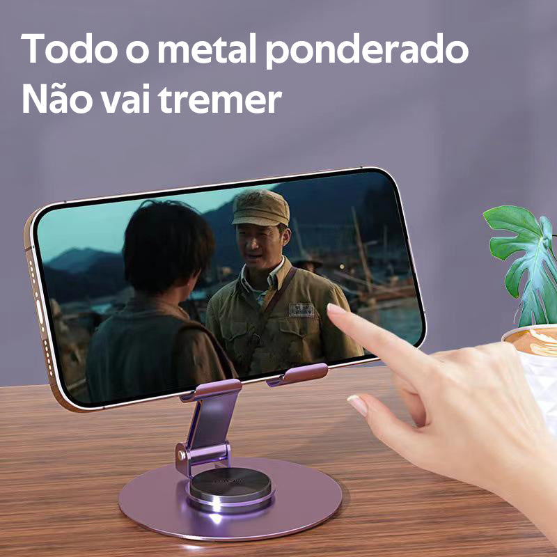 Suporte de metal para celular/tablet, suporte de mesa dobrável e giratório 360 graus, alta estabilidade.