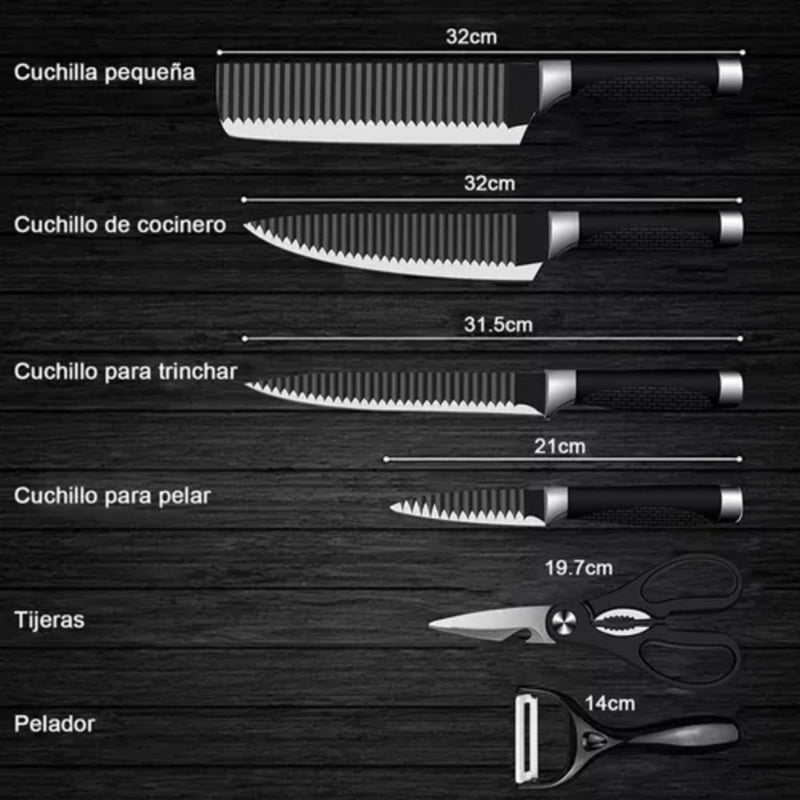 Conjunto de 6 peças para churrasco: faca para carne e legumes, descascador e tesoura profissional.