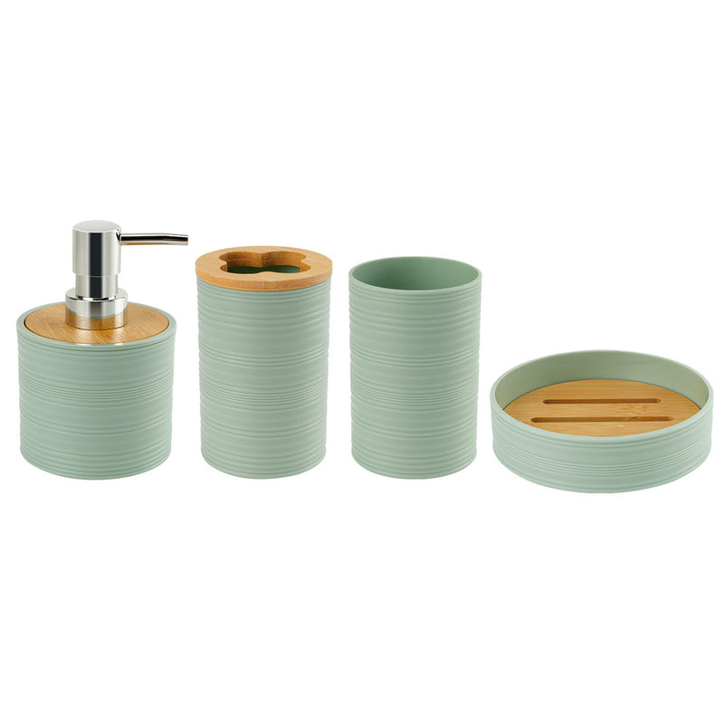 Conjunto de 4 peças para banheiro, feito de bambu e resina branca.