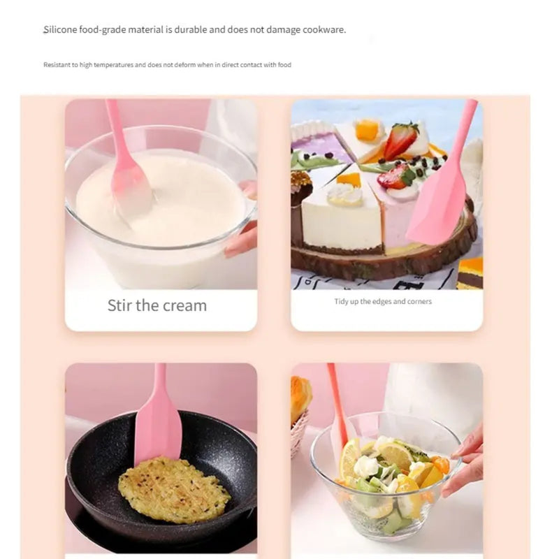 Conjunto de 5 utensílios de cozinha de silicone: escorredor, colher, espátula e pincel pequeno.