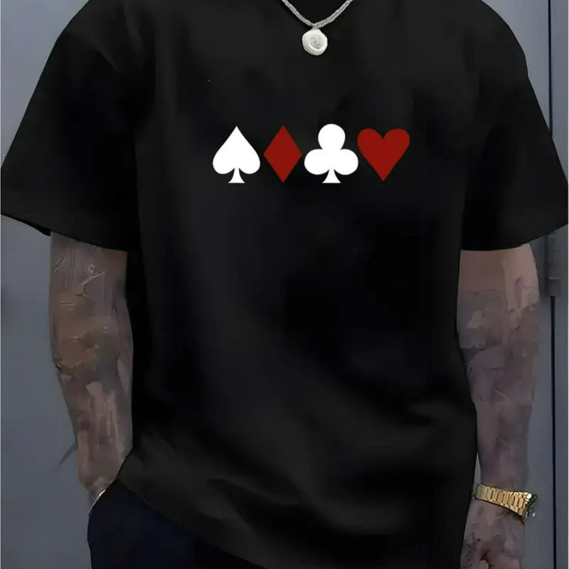 Camiseta masculina 100% algodão - Camiseta minimalista com estampa de cartas de baralho, gola redonda.