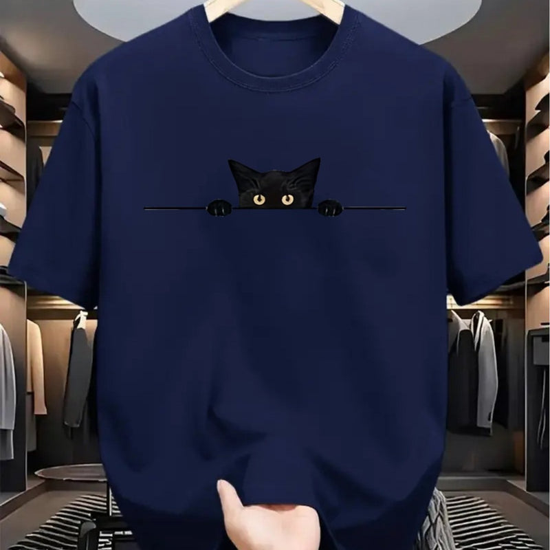 Camiseta masculina 100% algodão - Camiseta minimalista com estampa de gato olhando para a parede.