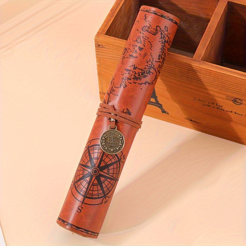 Estojo de lápis vintage em couro PU com bússola náutica, enrolável, porta-canetas de grande capacidade.