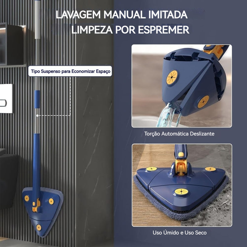 Conjunto de esfregão triangular giratório 360° com cabo longo, lavagem e torção sem usar as mãos, uso úmido e seco para pisos, paredes, tetos e cantos, acessórios de limpeza, ferramenta de limpeza.