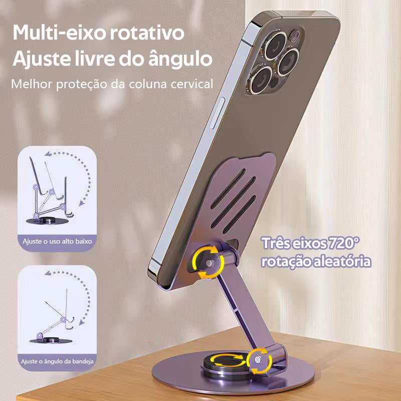 Suporte de metal para celular/tablet, suporte de mesa dobrável e giratório 360 graus, alta estabilidade.