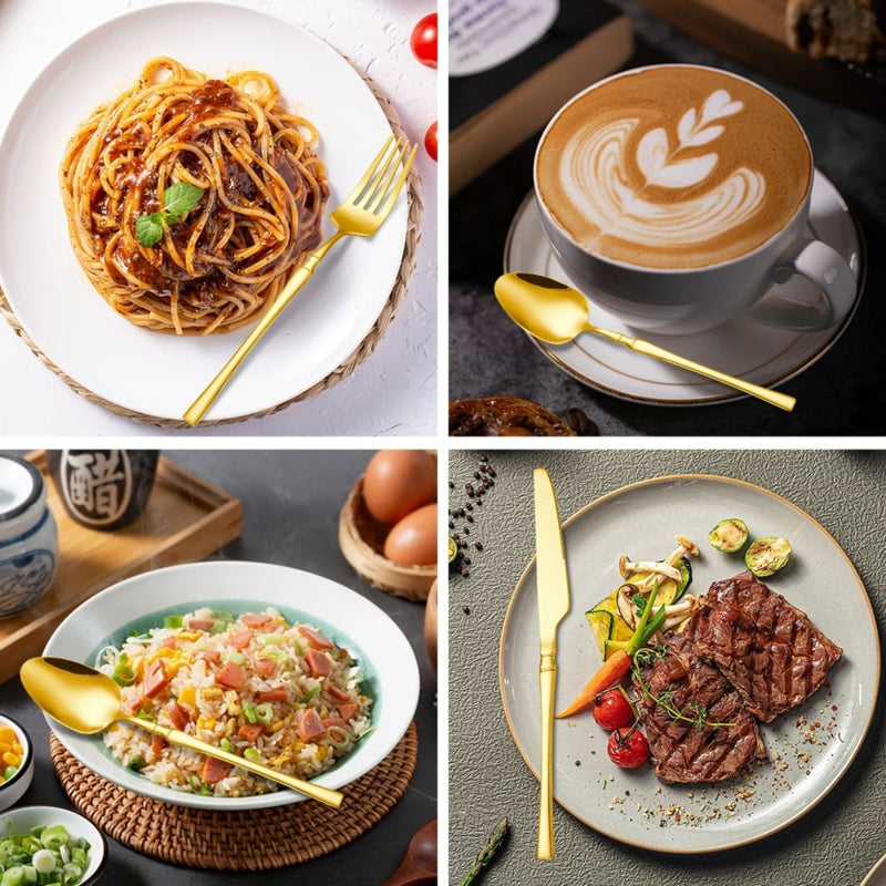 Conjunto de talheres de aço inoxidável com 24 peças: garfo, colher, faca e colher de sopa.