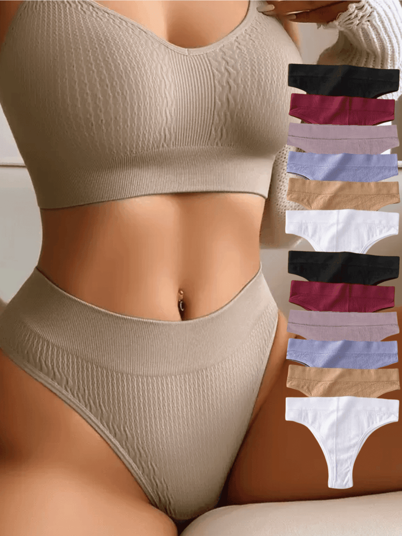 Conjunto de 12 peças de lingerie feminina, estilo canelada riscadinha, sem costura, cintura baixa e confortável.
