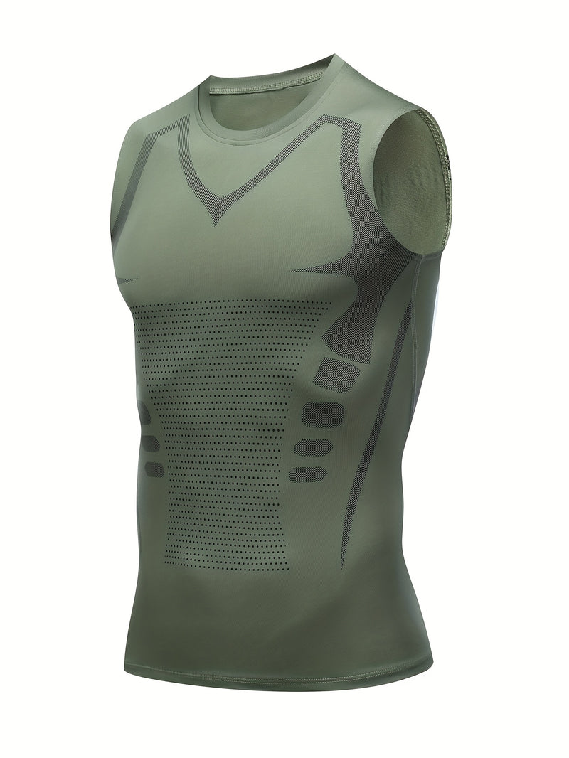 Camiseta regata esportiva masculina de compressão, ideal para basquete, treino e atividades físicas. Possui tecido elástico, ombros largos.