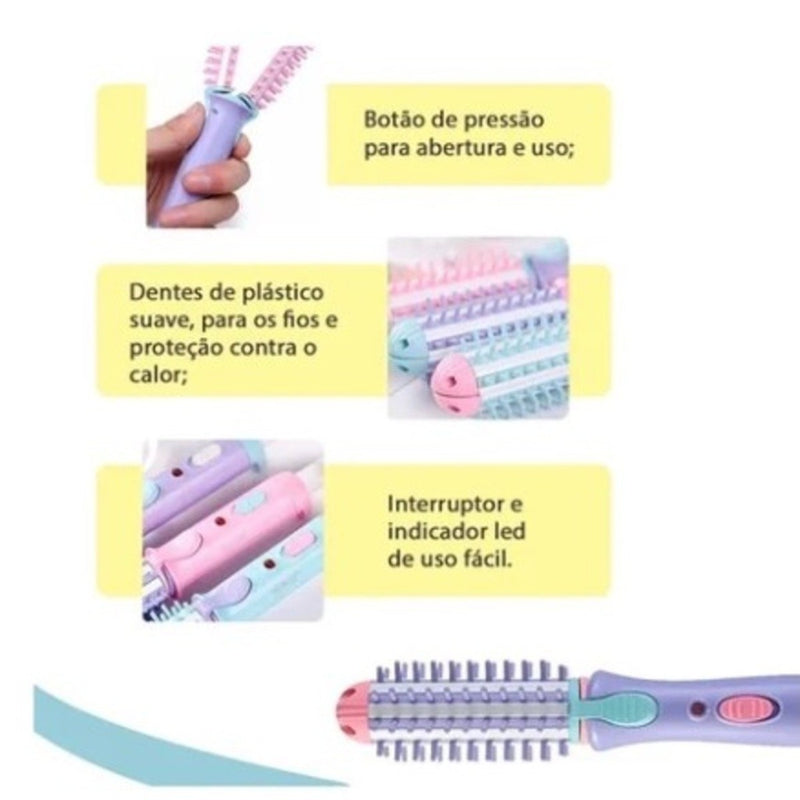 Escova modeladora e chapinha portátil bivolt 2 em 1, prática e eficiente.
